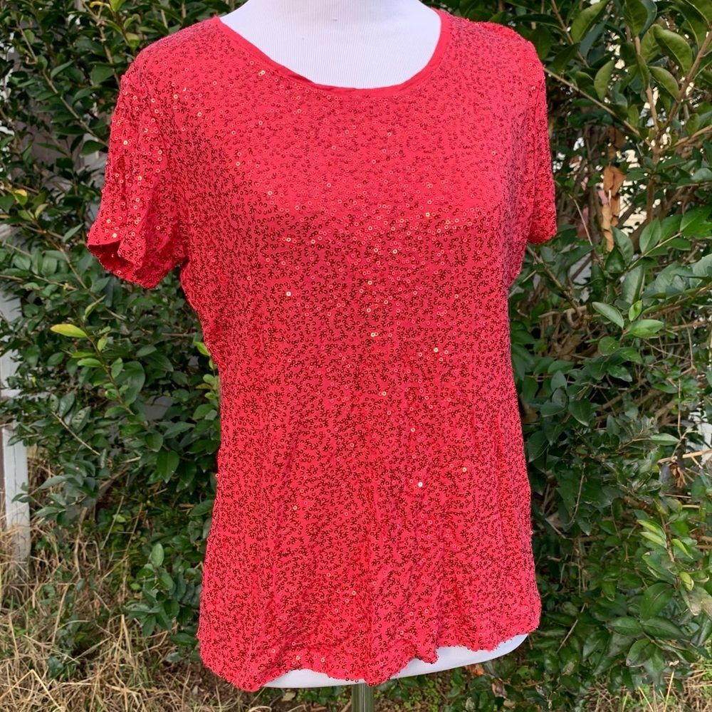 Red Fully Sequined Soft Sparkly Tee Side Medium Dressbarn Top